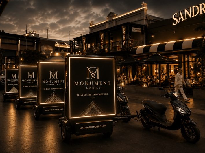A line of MONUMENT Mobile billboard trailers glowing outside a restaurant at dusk